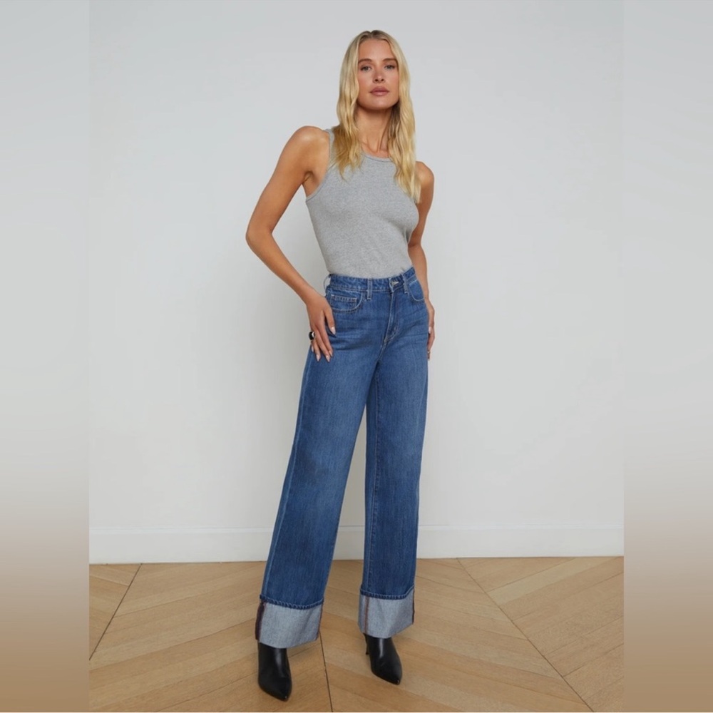 L’AGENCE Miley High Rise Wide Leg Jeans 30‎ Mid Blue Wash Rolled Hem